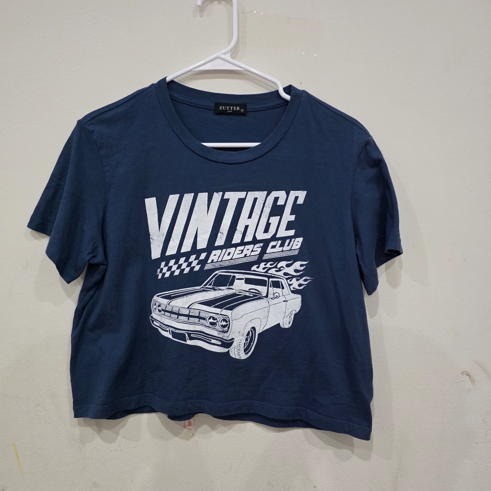 Zutter USA Womens Vintage Riders Club Muscle Car Graphic Cropped T-Shirt Blue M - Picture 1 of 3